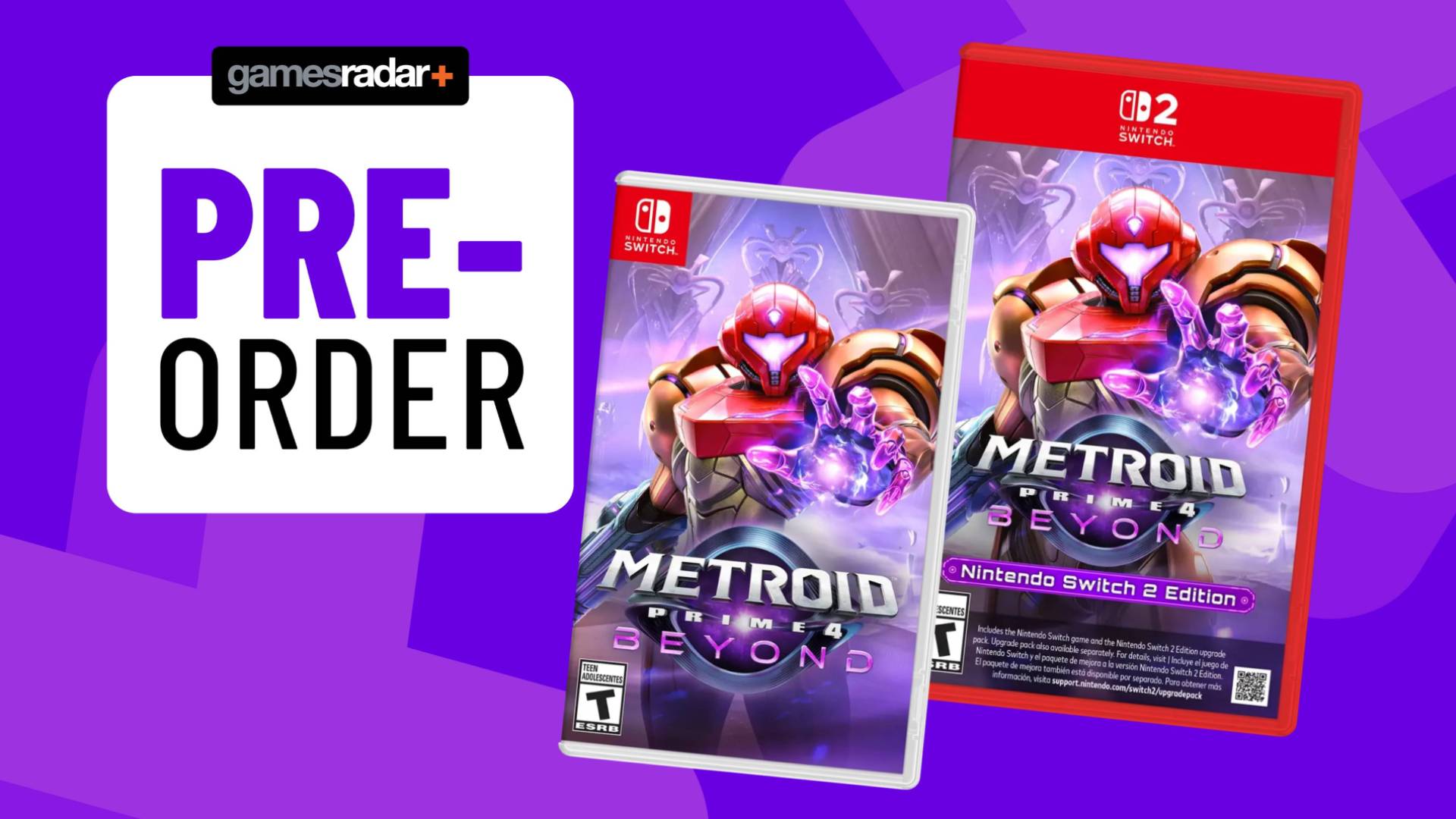 Image of the original Switch an Switch box art for Metroid Prime 4 Beyond sitting on a light purple GamesRadar+ background.