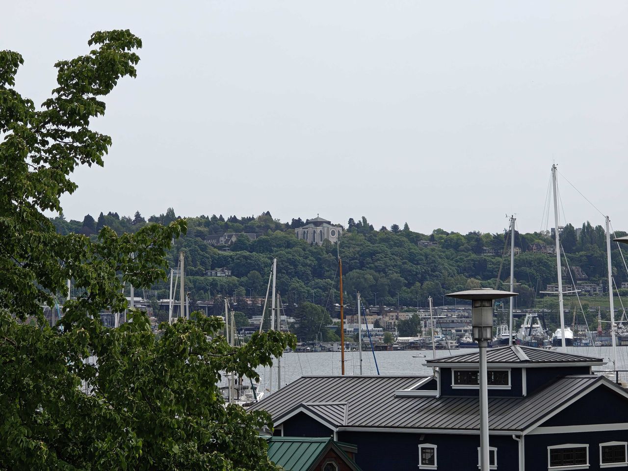 A church in the distance with trees all around