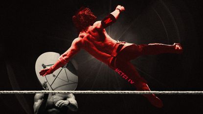 Photo collage of a Netflix-branded wrestler hurling himself at a cowering satellite dish