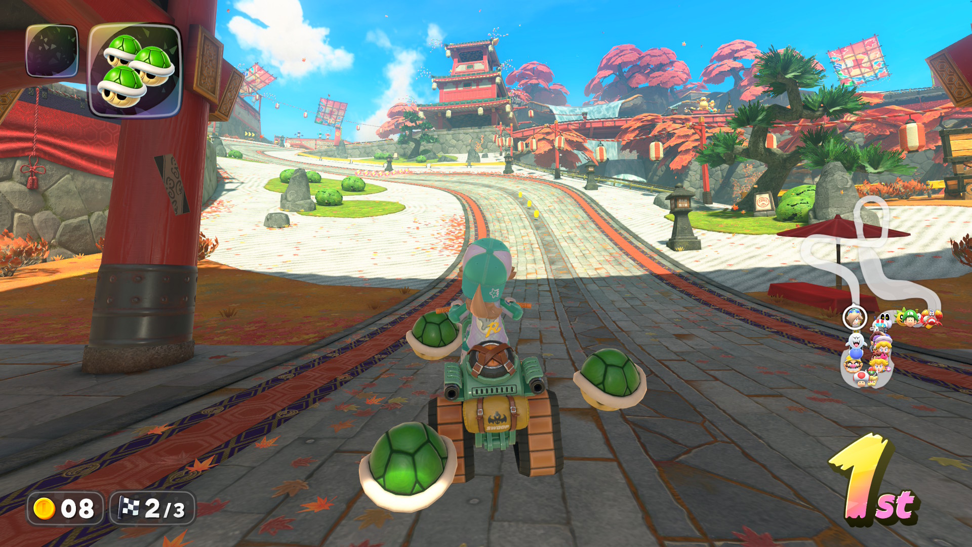 Using a triple green shell in Mario Kart World