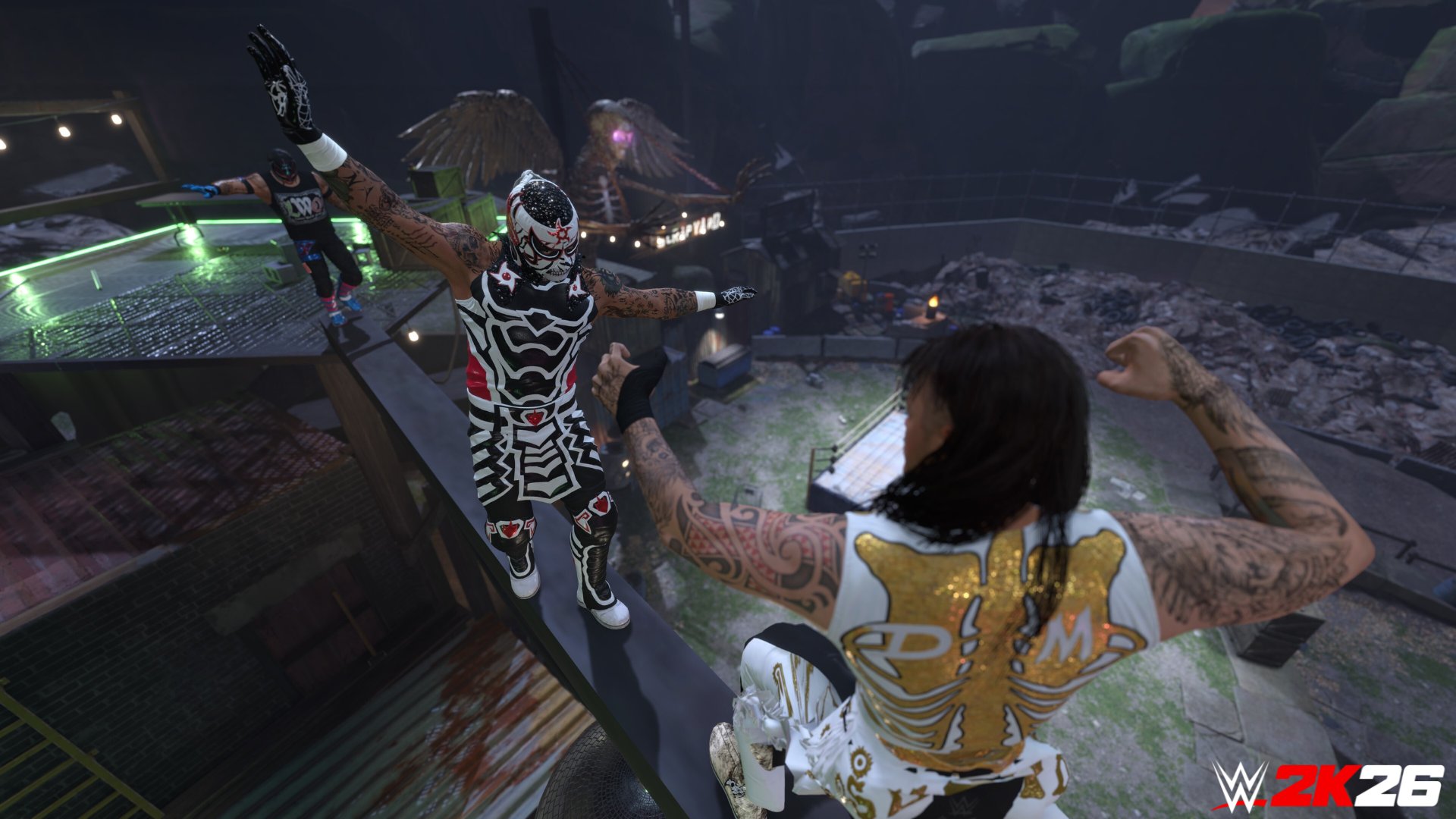 Promotional screenshot of Rey Mysterio, Penta, and Dominik Mysterio fighting in WWE 2K26.