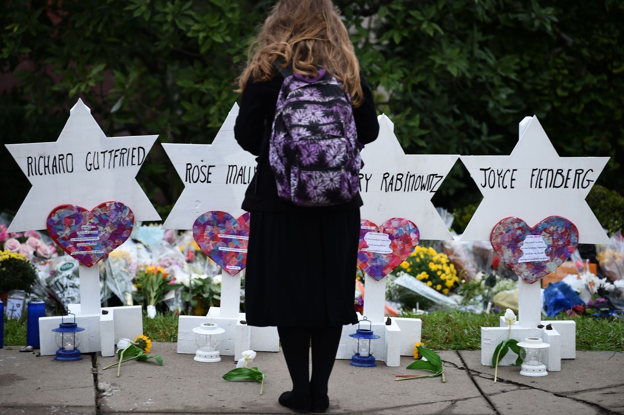 A memorial outside the Tree of Life synagogue after a shooting there left 11 people dead.