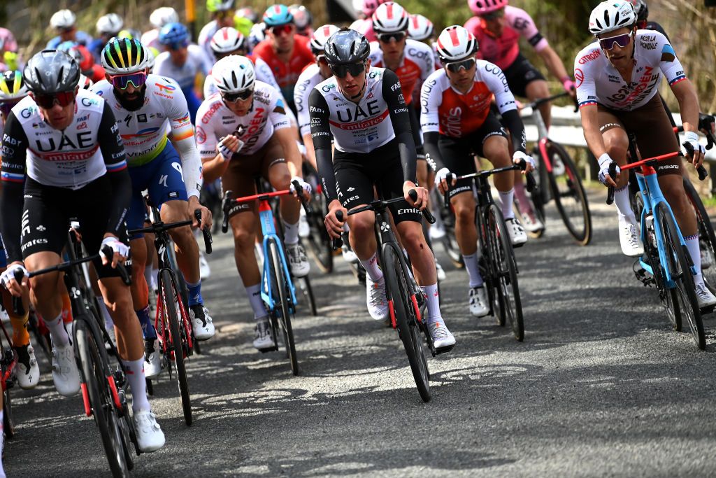 SANREMO ITALY MARCH 18 LR Geoffrey Soupe of France and Team TotalEnergies Tadej Pogacar of Slovenia and UAE Team Emirates and Larry Warbasse of The United States and Ag2R Citren Team compete during the 114th MilanoSanremo 2023 a 294km one day race from Abbiategrasso to Sanremo MilanoSanremo UCIWT on March 18 2023 in Sanremo Italy Photo by Tim de WaeleGetty Images