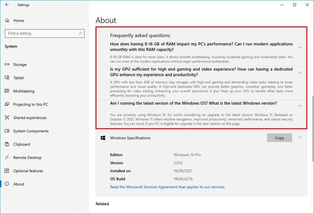Windows 10 About page with FAQs