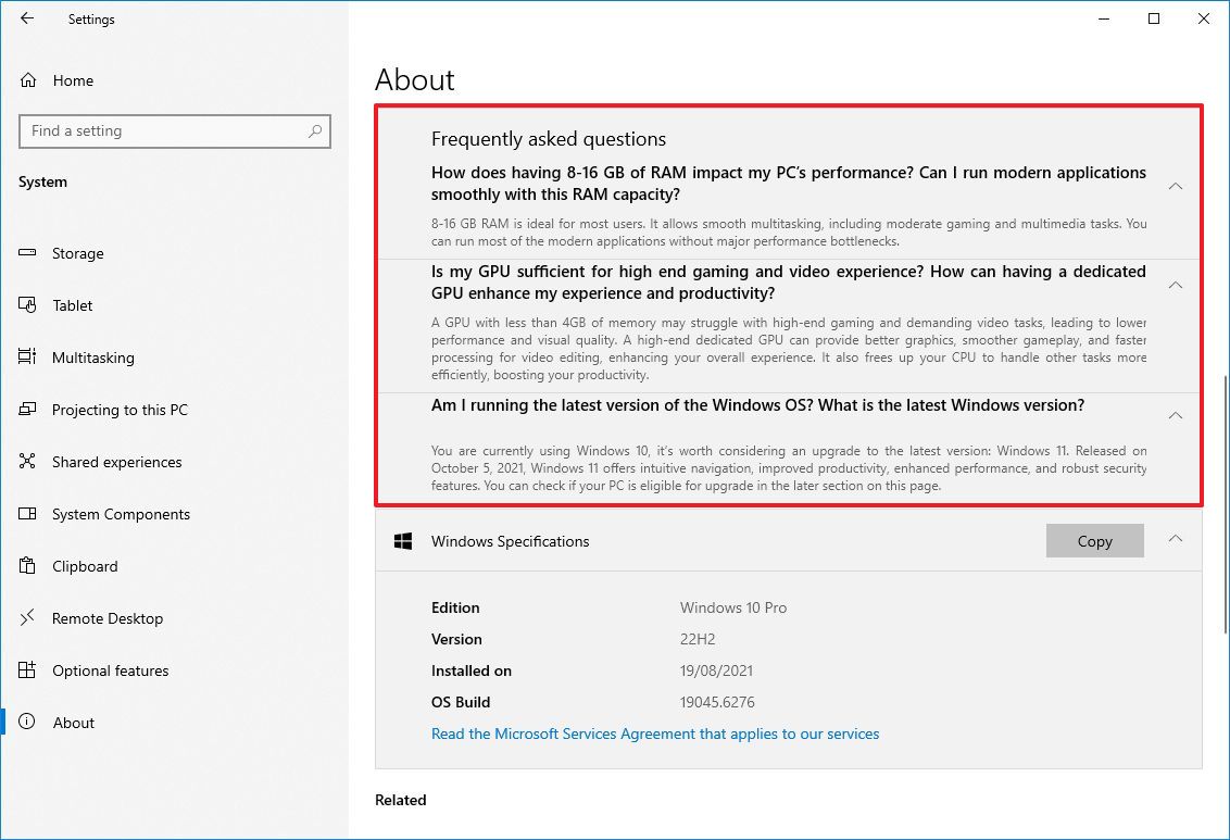 Windows 10 About page with FAQs
