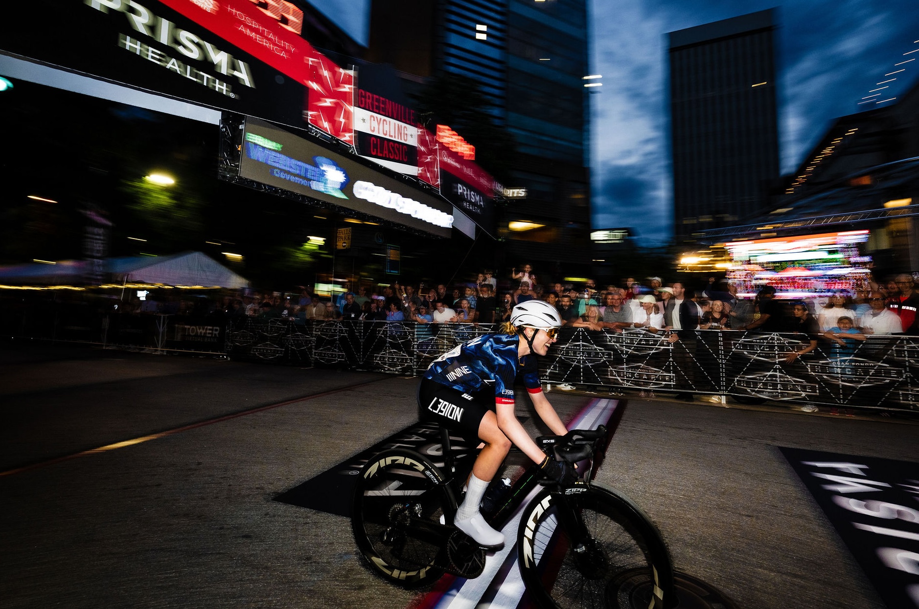 Skyler Schneider blasts away from the front of the peloton on the final two corners to win 2026 Greenville Cycling Classic