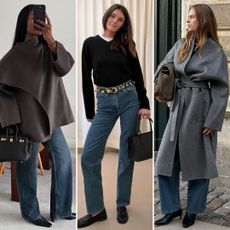 fashion collage of three style influencers including Marilyn Nwawulor Kazemaks, Coco Schiffer, and Clara Dyrhauge wearing chic 2026 trends like scarf coats, V-neck sweaters, bootcut jeans, and kitten-heel boots