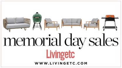 Memorial day patio furniture sales and grill deals graphic with cut outs of furniture and grills