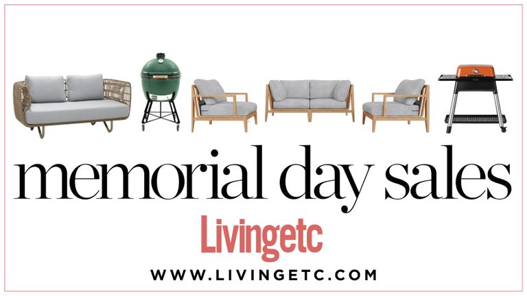 Memorial day patio furniture sales and grill deals graphic with cut outs of furniture and grills