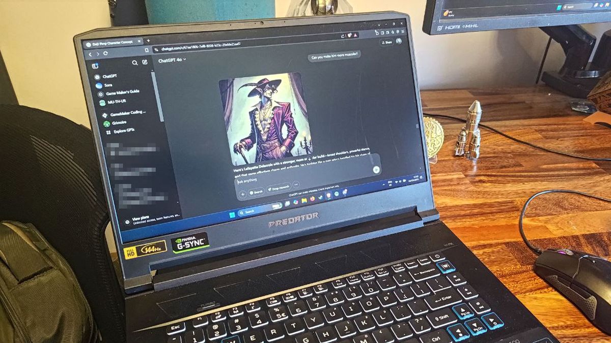 A laptop screen opened to ChatGPT that shows the AI-generated image of a character for a roleplaying game.