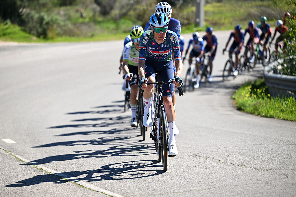 LAGOS, PORTUGAL - FEBRUARY 21: Dylan van Baarle of Netherlands and Team Soudal Quick-Step leads the peloton during the 52nd Volta ao Algarve em Bicicleta 2026, Stage 4 a 175.1km stage from Albufeira to Lagos on February 21, 2026 in Lagos, Portugal. (Photo by Dario Belingheri/Getty Images)