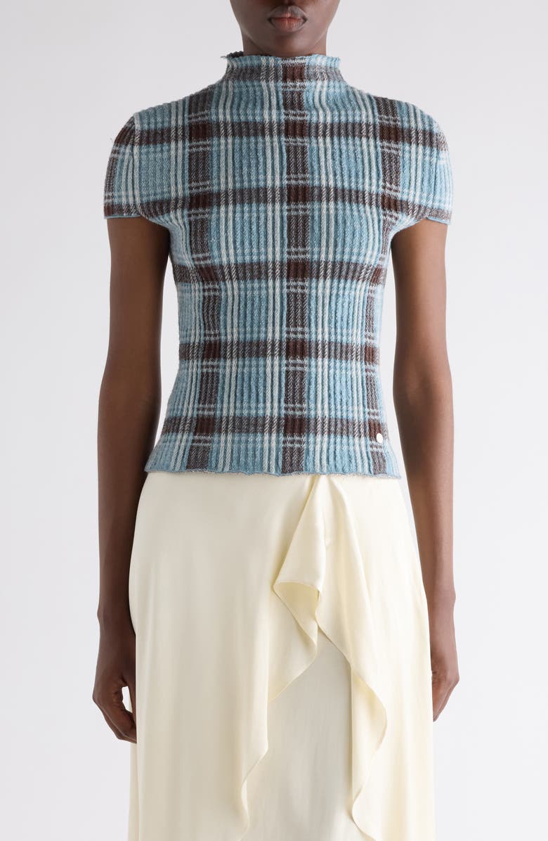 Plaid Short Sleeve Wool Funnel Neck Sweater