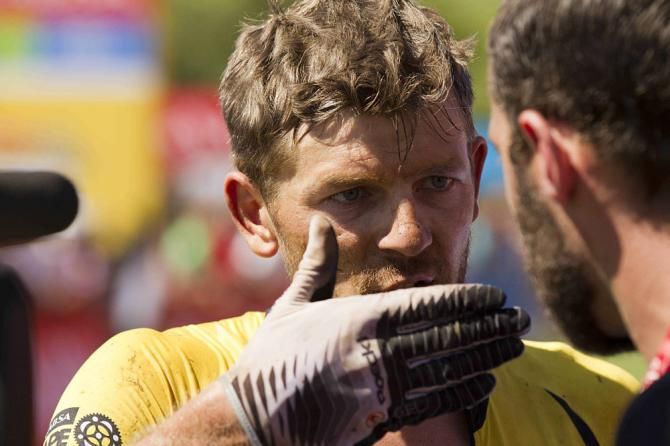 Karl Platt of Team Bulls remonstrates about getting lost during stage 4