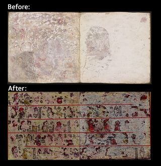 This image shows pages 10 and 11 of the back of Codex Selden. The top image shows the pages as they appear to the naked eye, while the lower image —created using hyperspectral imaging — reveals the hidden pictographic scenes.