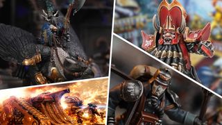 Warhammer models and scenes divided by white lines, with a Stormcast Eternal, Horus Heresy tanks, Death Korps of Krieg, and Chaos Dwarf Blood Bowl player