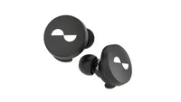 wireless earbuds in black wth a white logo