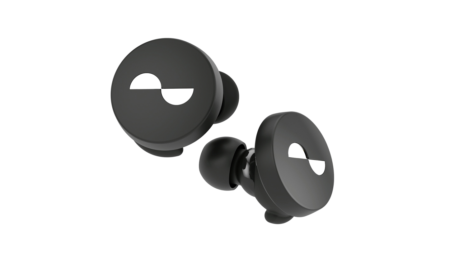 The Nuratrue true wireless earbuds in black wth a white logo.