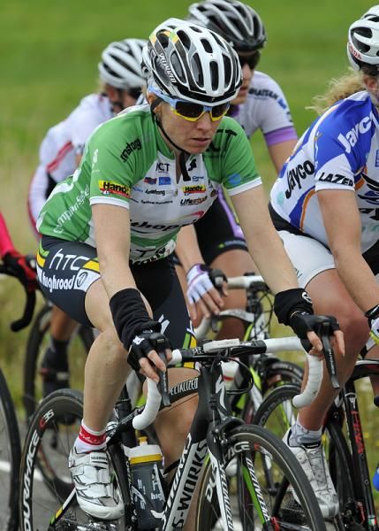Amber Neben (HTC Highroad) enjoys her day in the green jersey.