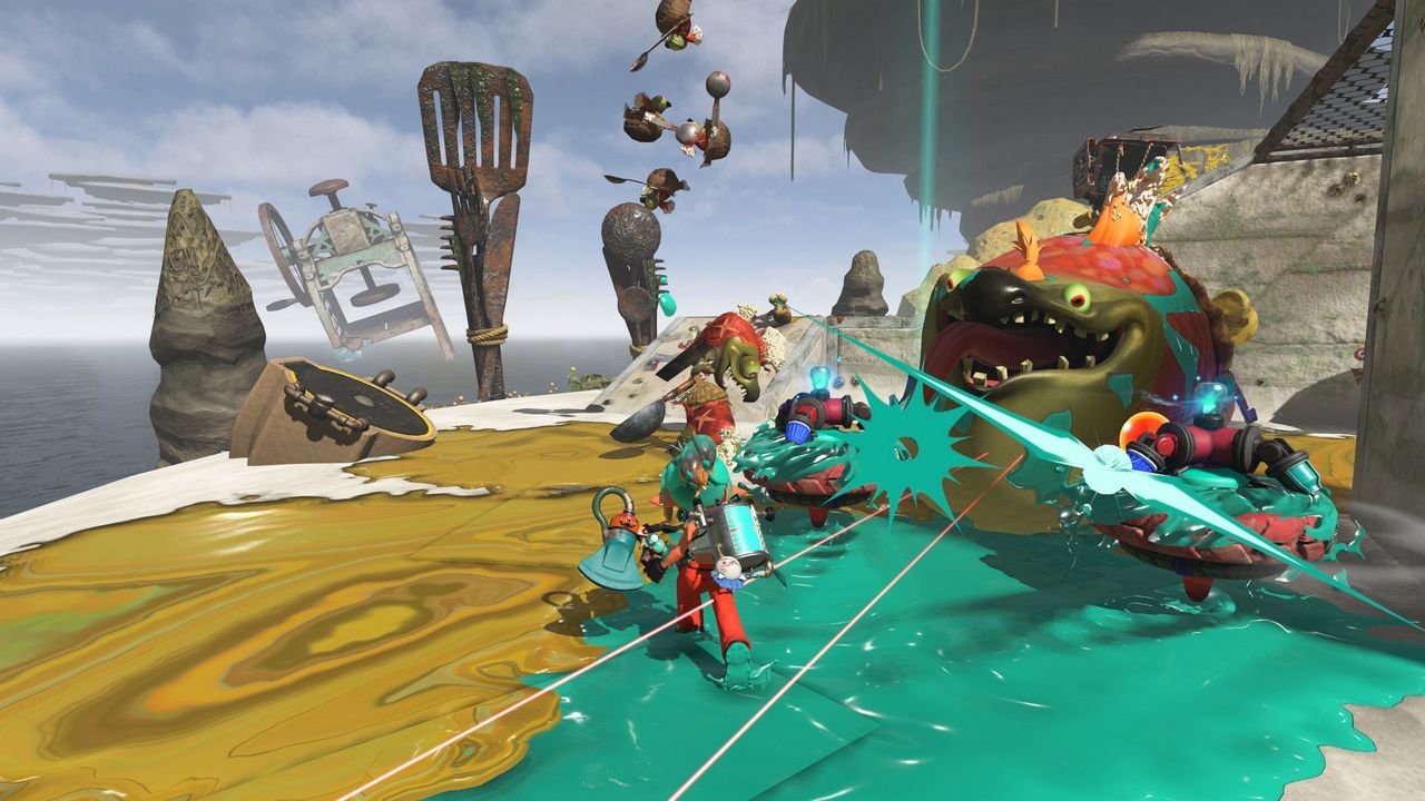 Squidlings battle Salmonids in Splatoon Raiders across yellow and green paint