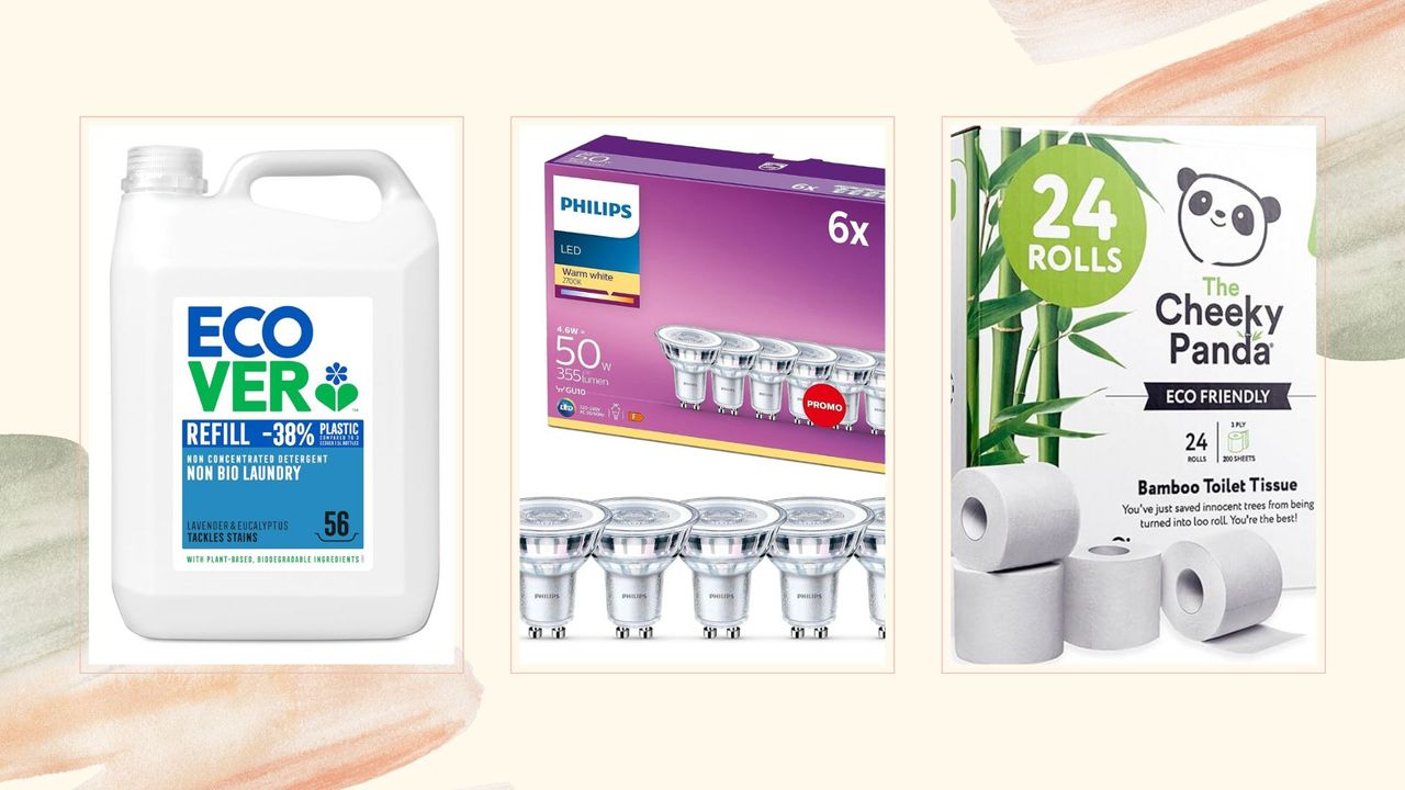 collage of household essentials discounted to bulk buy on Amazon