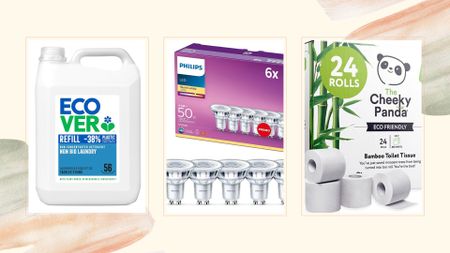 collage of household essentials discounted to bulk buy on Amazon