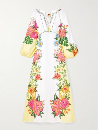 Bloom Garden Bead-Embellished Embroidered Knit-Trimmed Linen Maxi Dress