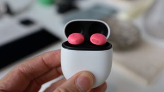 Google Pixel Buds Pro 2 held in a hand 