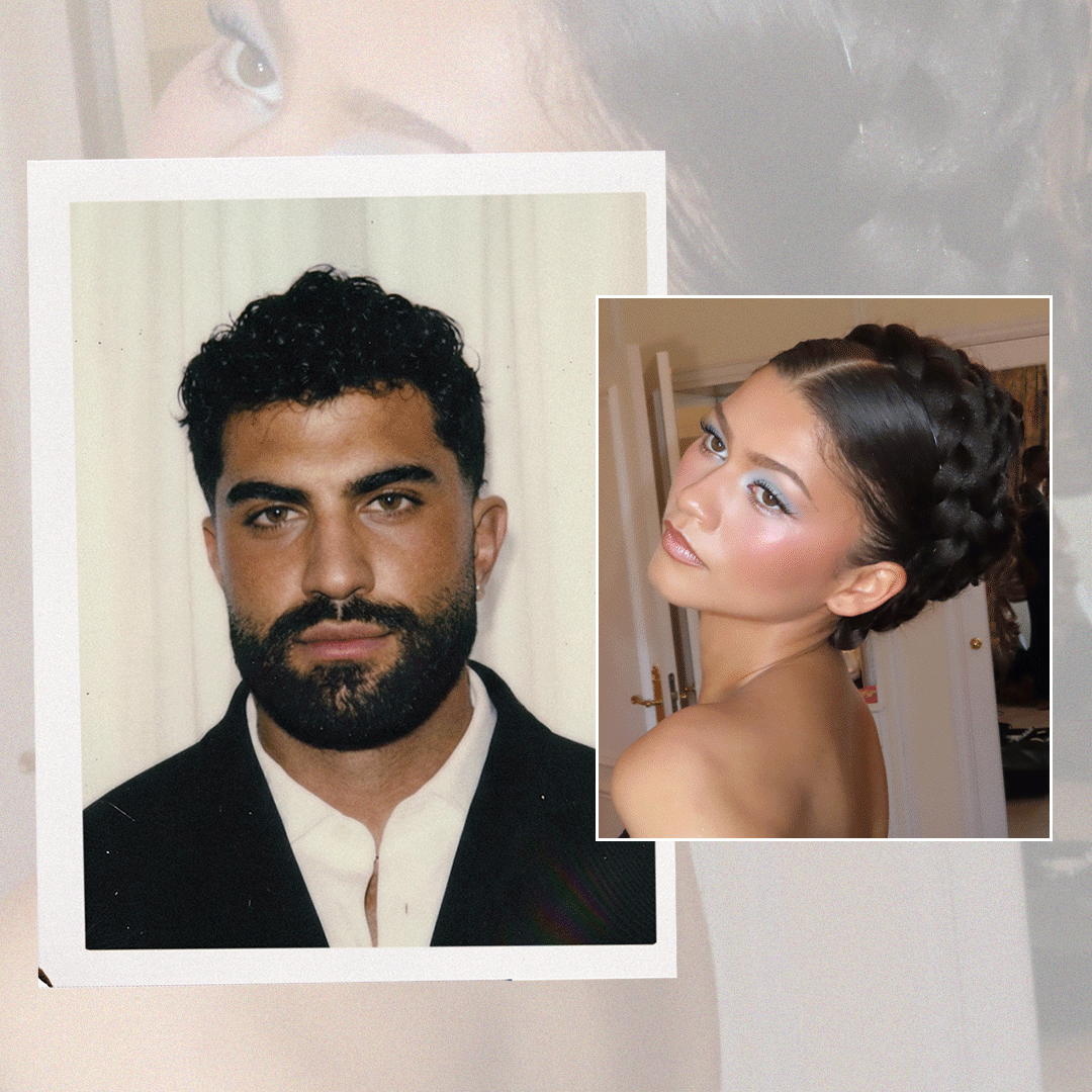 Photo collage of makeup artist Ernesto Casillas and flashing gifs of Zendaya 