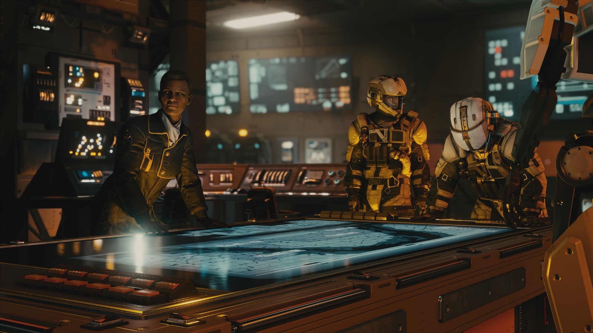 Starfield screenshot from the  Terran Armada and Free Lanes content drop showing several characters in space suits surrounding a table.