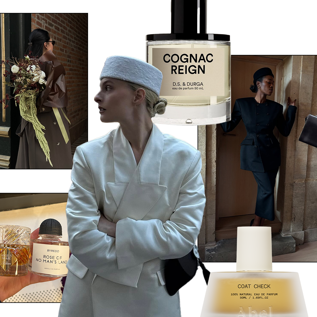 Collage of winter-coded perfumes and content creators wearing chic winter outfits