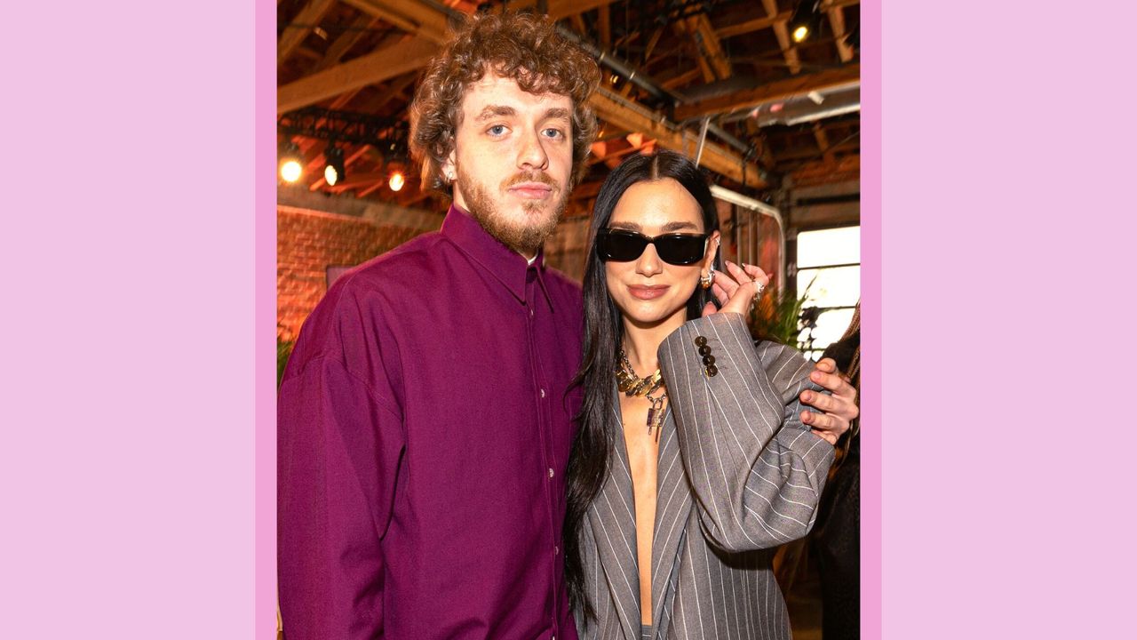 Dua Lipa and Jack Harlow posing for a picture together at Variety&#039;s Hitmakers Brunch held at Studio 13 at City Market Social House on December 3, 2022 in Los Angeles, California. / in a pink template