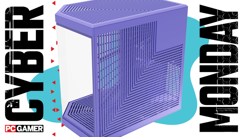 A Hyte Y70 case on a blue Cyber Monday background.