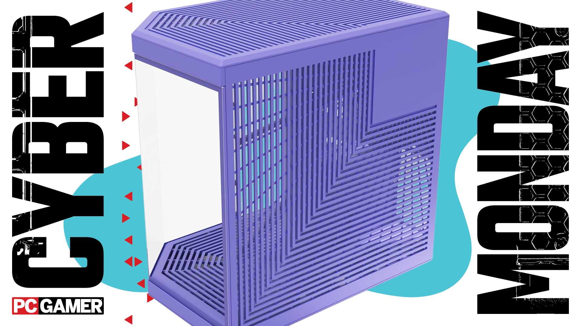 A Hyte Y70 case on a blue Cyber Monday background.