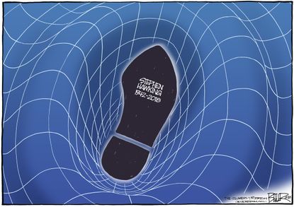 Political cartoon U.S. Stephen Hawking death footprint in universe