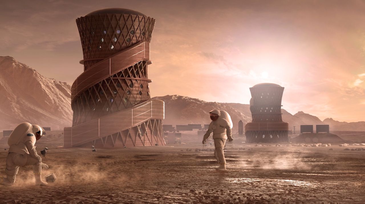 One of the winning teams of a NASA competition to make a full-scale Mars habitat using modeling software, Team SEArch+/Apis Cor, designed this Martian abode, which is built from the upper part of a Hercules Single-Stage Reusable Vehicle.