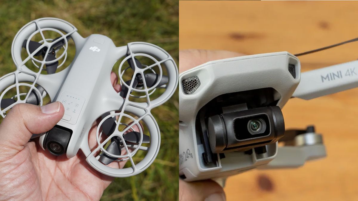 side. by side Hand holding DJI Neo and Hand holding DJI Mini 4K