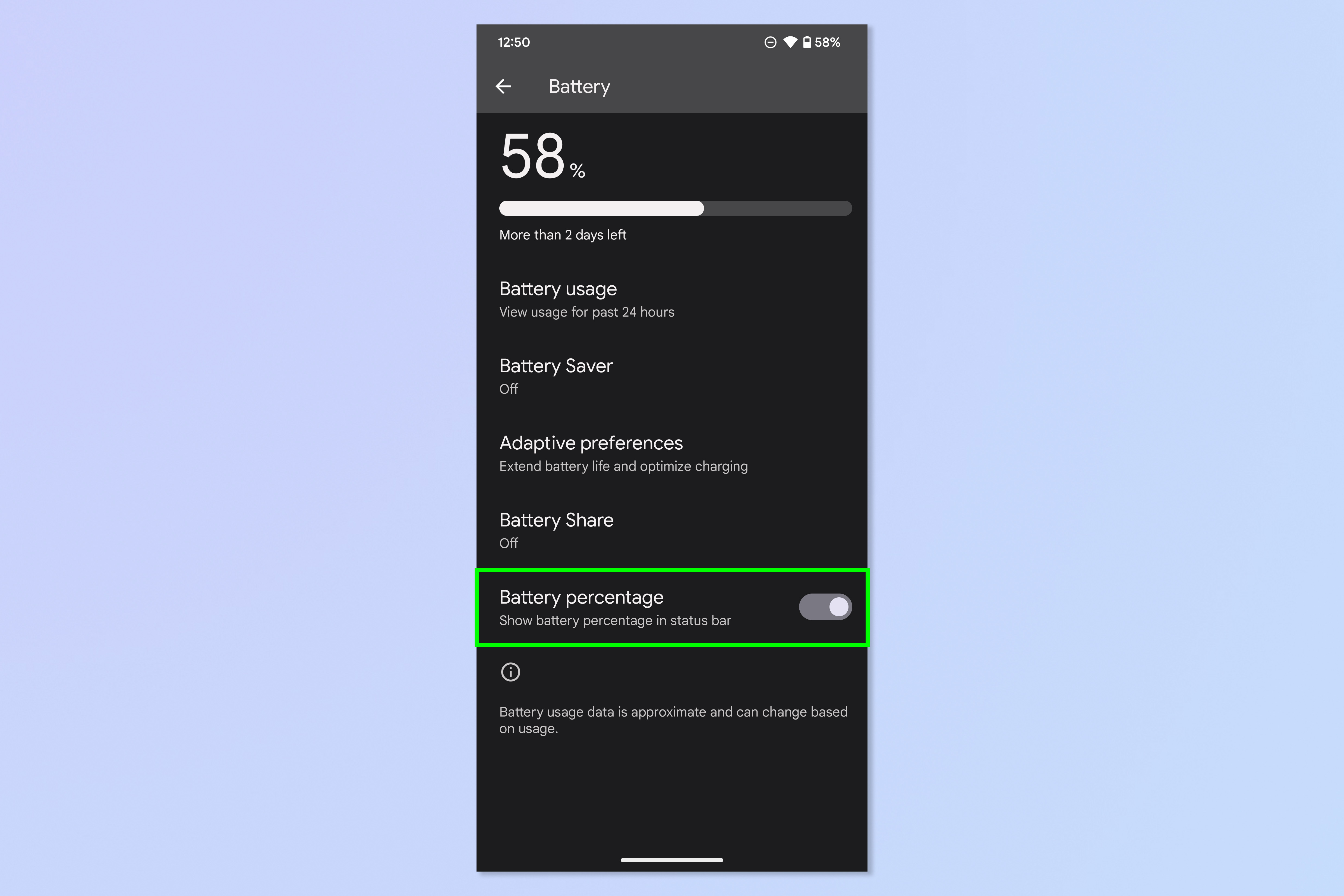 Screenshot showing the steps required to show the battery percentage on Android