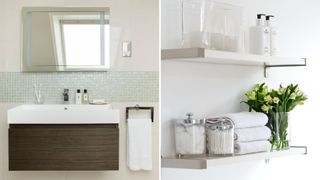 collage of two neutral bathrooms with white towels on display