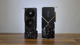An Asus RTX 4070 Ti standing upright next to an upright Nvidia RTX 4080 Founders Edition