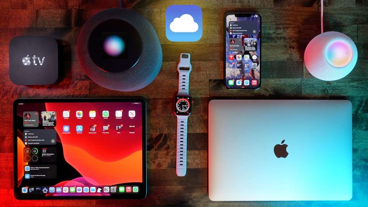 An array of products in the Apple Ecosystems such as a MacBook, an Apple Watch and an iPhone