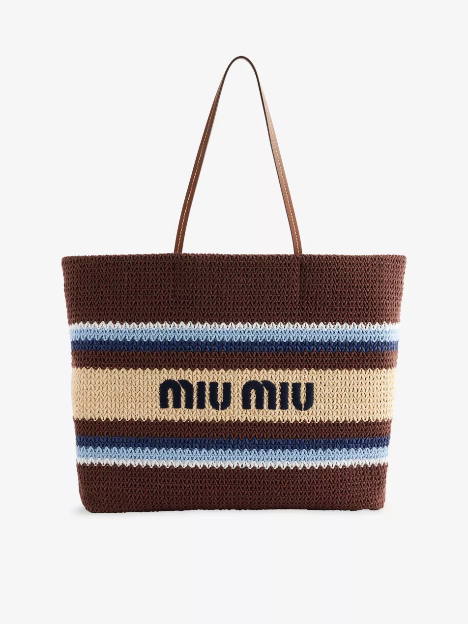 Striped Embroidered-Logo Woven Tote Bag