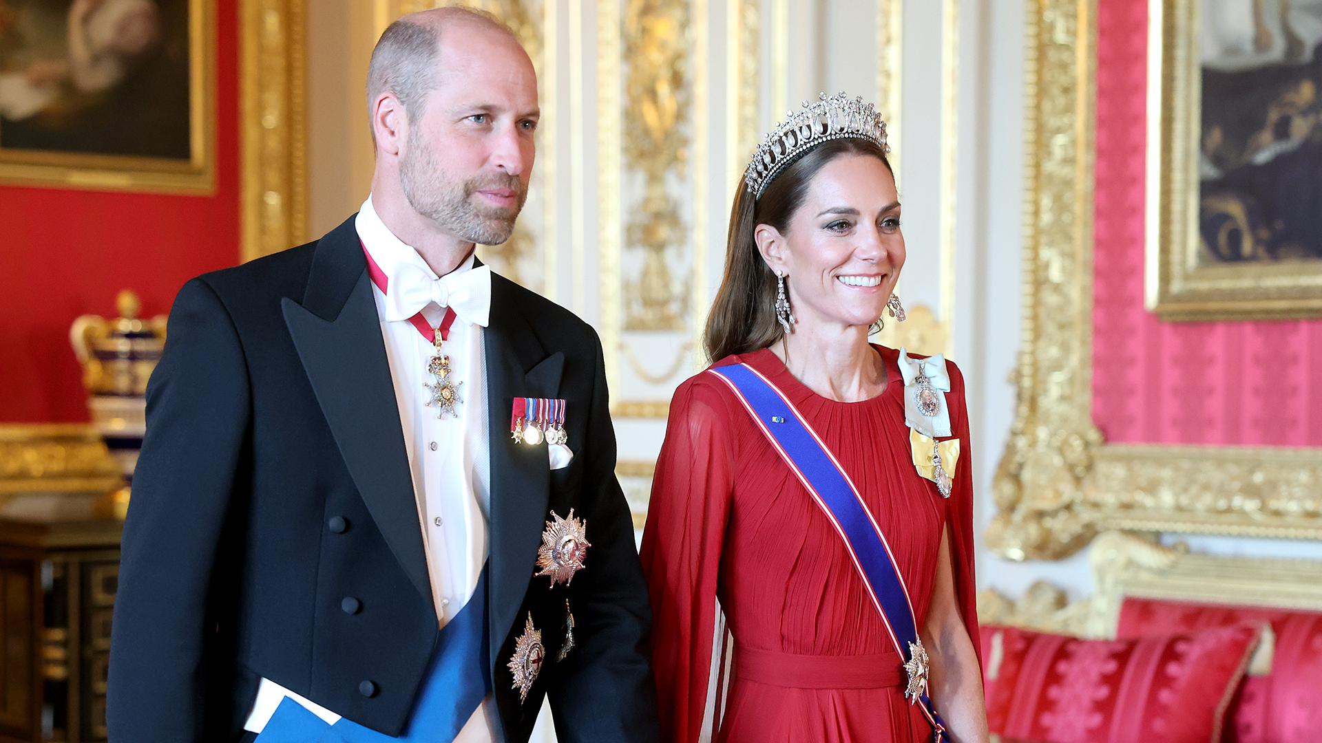 WINDSOR, ENGLAND - JULY 08: Prince William, Prince of Wales and Catherine, Princess of Wales attend the State Banquet at Windsor Castle on July 08, 2025 in Windsor, England. President Emmanuel Macron and Mrs Brigitte Macron visit the UK in the first visit State Visit made by France in 17 years. They are staying at Windsor Castle, hosted by King Charles III and Queen Camilla, and a banquet will be held there in their honour. The Macrons will visit Imperial College, and the President will address Parliament during his stay. (Photo by Chris Jackson/Getty Images)