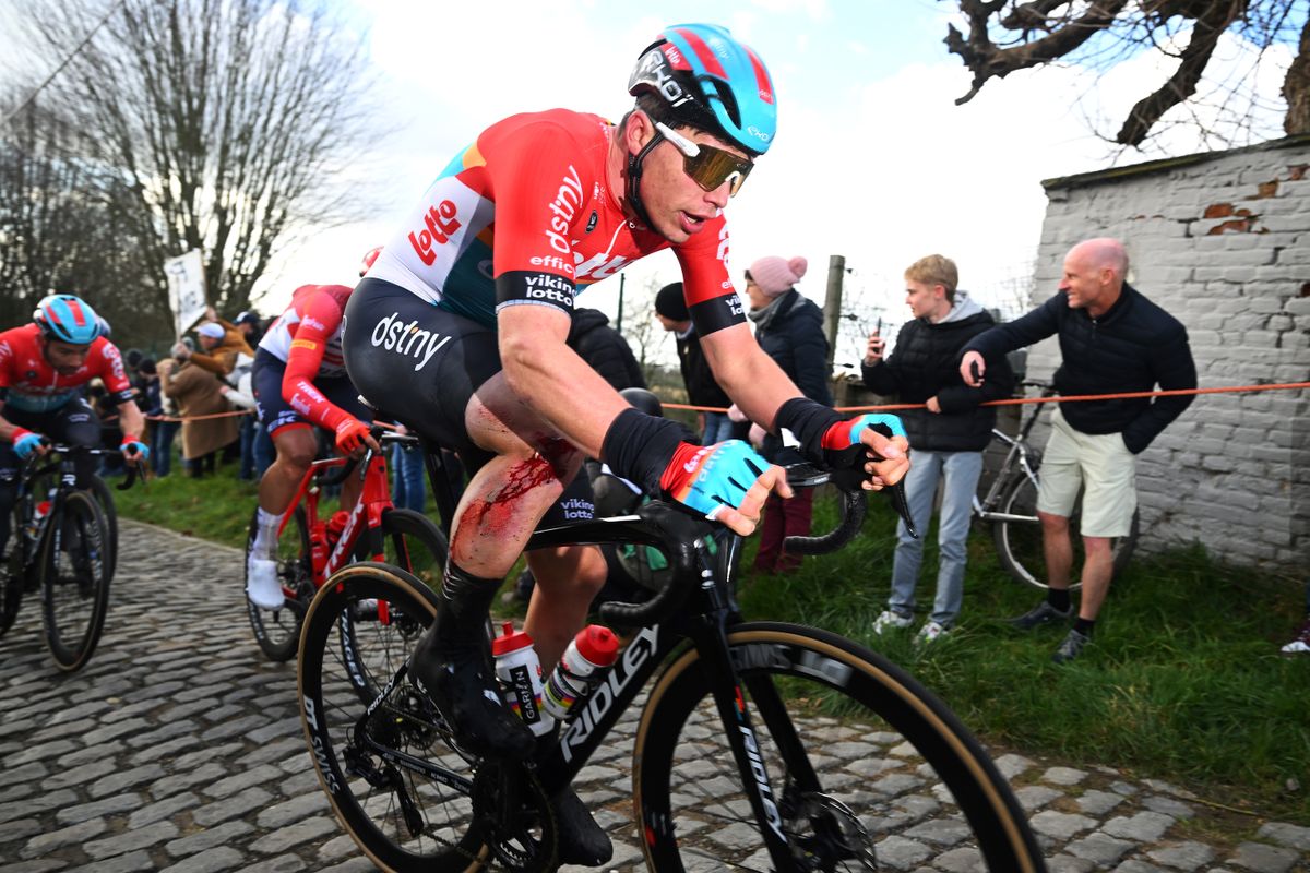 Arnaud De Lie recovered from a crash to place second at the 2023 Omloop Het Nieuwsblad