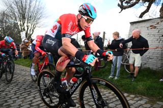 Arnaud De Lie recovered from a crash to place second at the 2023 Omloop Het Nieuwsblad