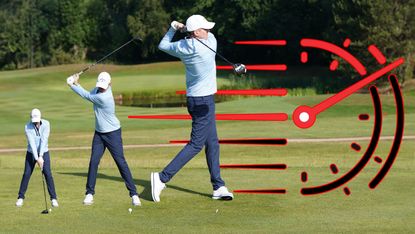 Ben Emerson demonstrating increased clubhead speed, with a smaller image of himself at address, a slightly larger image at top of backswing and a large image in the finish position, with a speedometer imposed on the right of the image at maximum output, signifying increased clubhead speed in the golf swing