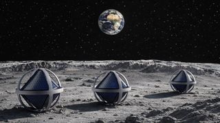 three spherical objects consisting of spherical metal frames enclosing tetrahedral solar panels sit on a dusty grey surface, with earth visible in a starry black sky in the distance