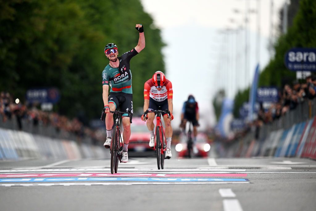 RIVOLI ITALY MAY 18 Nico Denz of Germany and Team BORA hansgrohe celebrates at finish line as stage winner during the 106th Giro dItalia 2023 Stage 12 a 185km stage from Bra to Rivoli UCIWT on May 18 2023 in Rivoli Italy Photo by Stuart FranklinGetty Images