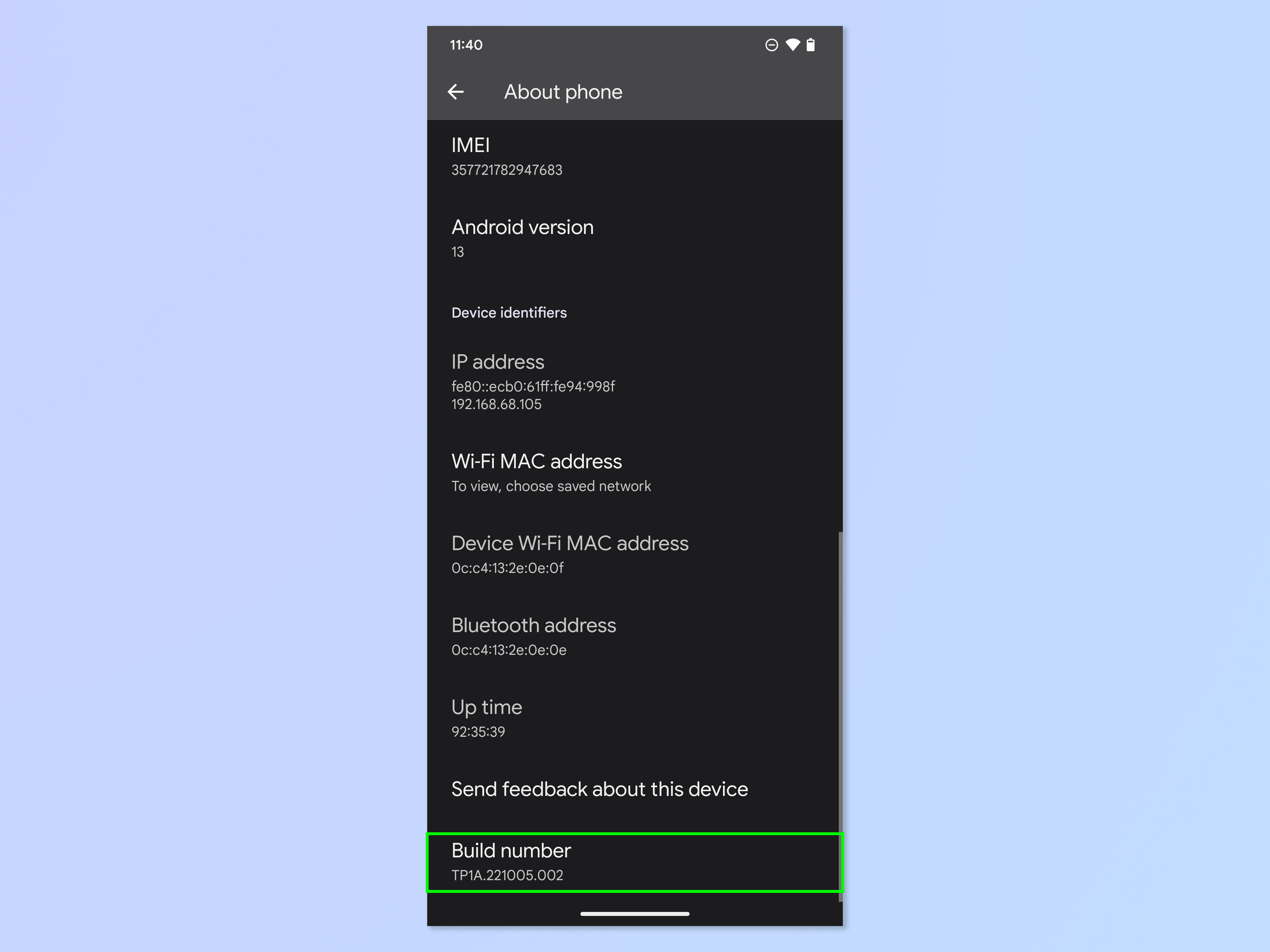 A screenshot showing the steps required to enable Android developer options