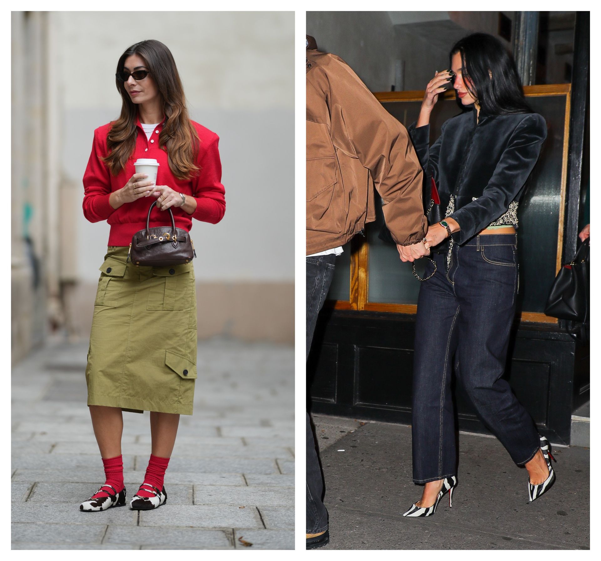 collage of a French girl and Dua Lipa wearing the same French girl trend: animal-print shoes
