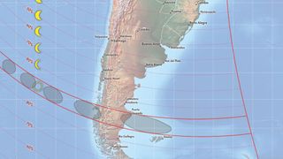 A closer ip view of south america showing the path of the annular solar eclipse.